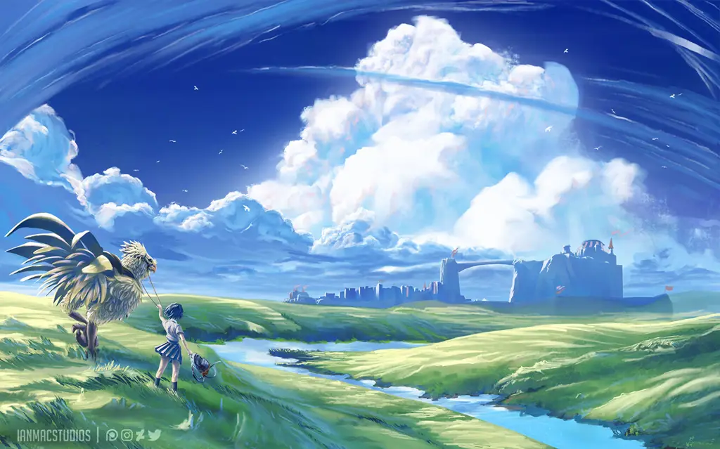 Pemandangan dunia fantasi dalam anime isekai Gambar pemandangan indah dari sebuah anime isekai