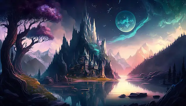 Ilustrasi dunia fantasi dalam anime isekai Lukisan pemandangan dunia fantasi yang indah
