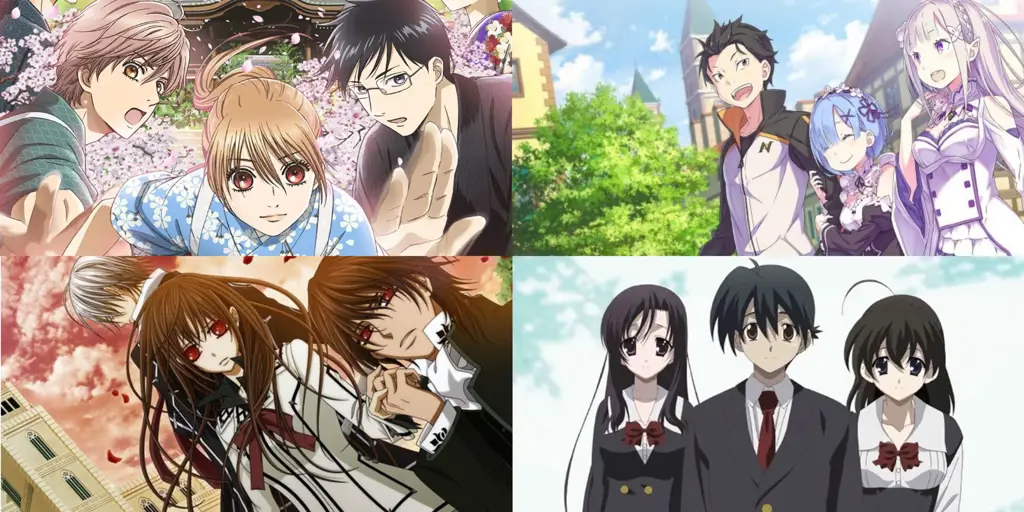 Karakter anime yang terlibat dalam hubungan cinta segitiga Ilustrasi karakter anime dalam situasi cinta segitiga