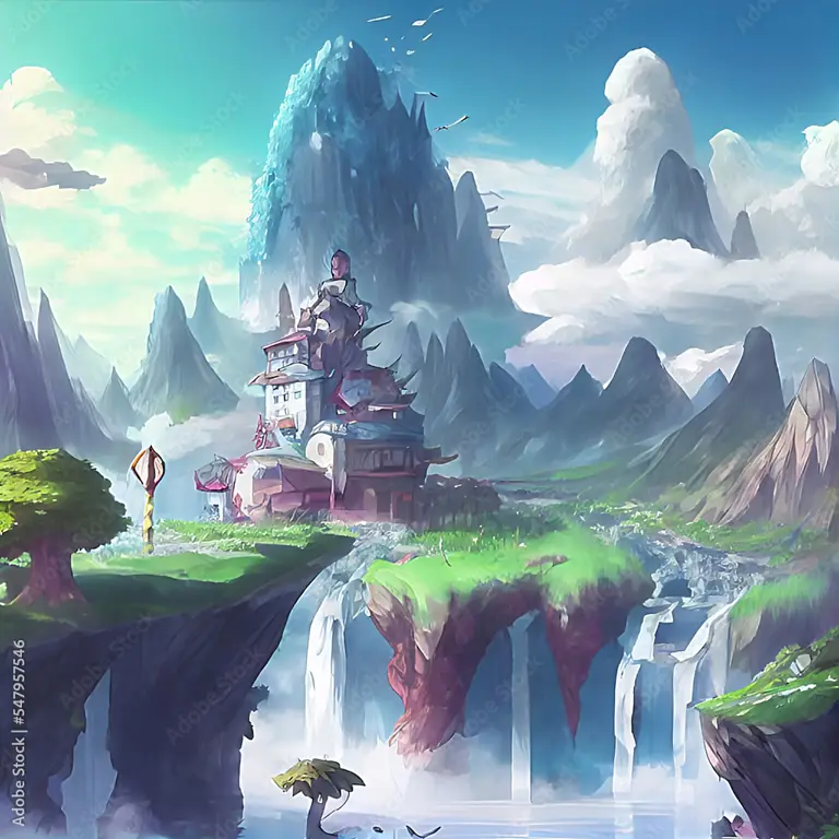 Pemandangan Alam Fantasi yang Menakjubkan Ilustrasi pemandangan alam fantasi dalam anime