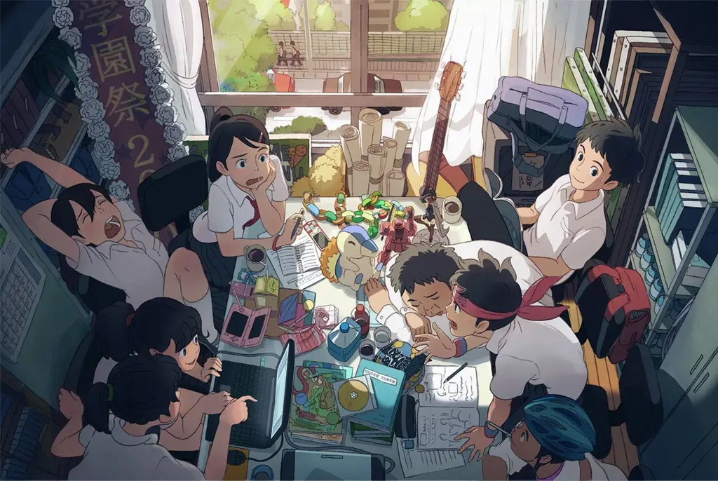 Kerja Sama Tim Gambar sekelompok siswa anime belajar bersama-sama