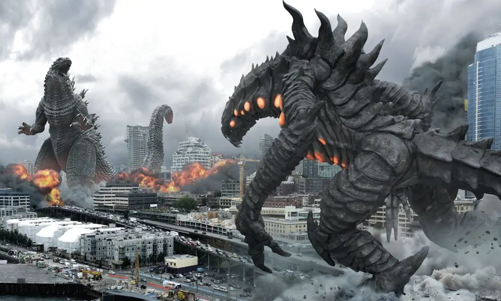 Serangan Warbeast yang Menghancurkan Adegan anime dengan serangan monster raksasa di kota