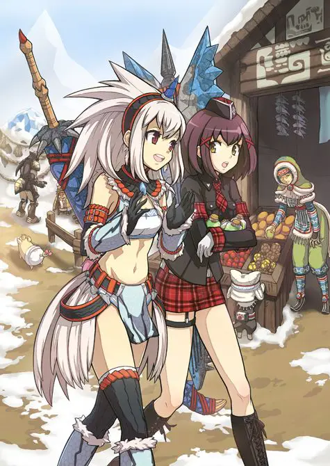 Pemburu monster dan Monstie-nya Gambar karakter dan Monstie dari Monster Hunter Stories: Ride On