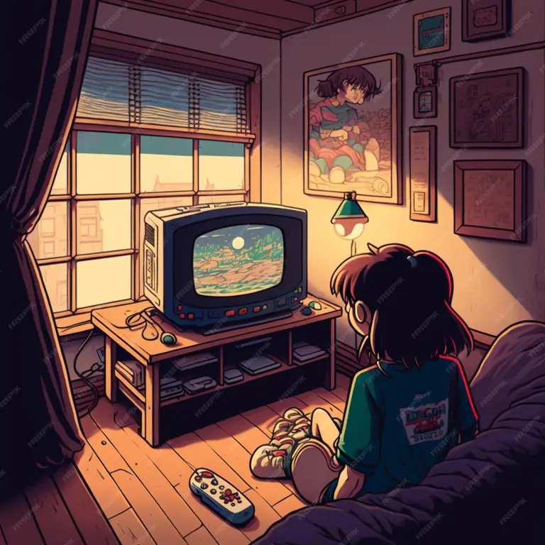 Menikmati Anime di Rumah Gambar seseorang yang menonton anime di rumah