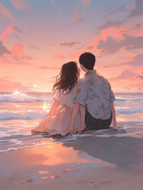 Momen Romantis Anime Pasangan anime bahagia menyaksikan matahari terbenam