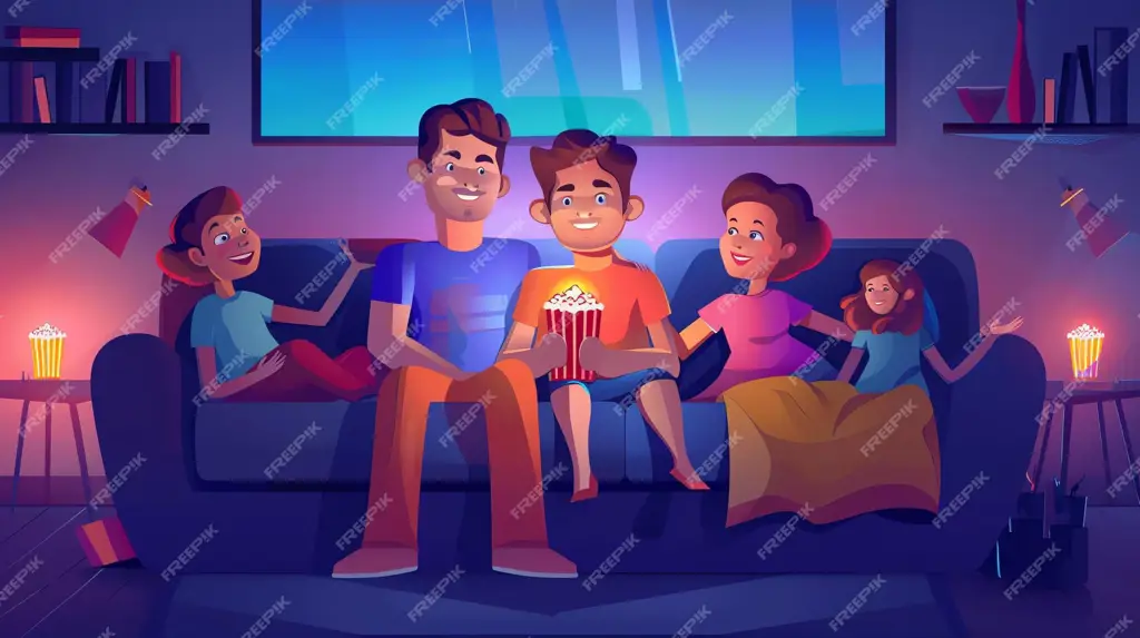 Momen kebersamaan keluarga yang menyenangkan Keluarga menonton anime bersama di sofa