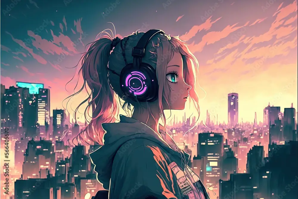 Menikmati anime saat sahur Gadis anime yang lucu sedang menonton anime