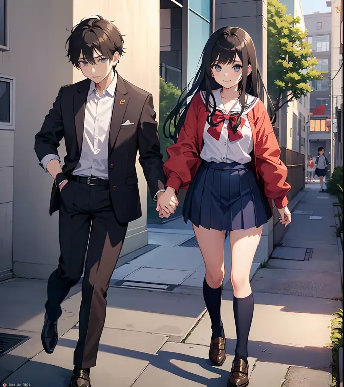 Pasangan anime yang manis dalam seragam sekolah Pasangan anime mengenakan seragam sekolah