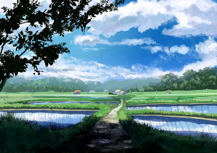 Suasana pedesaan Jepang yang menenangkan Ilustrasi pemandangan pedesaan Jepang bergaya anime