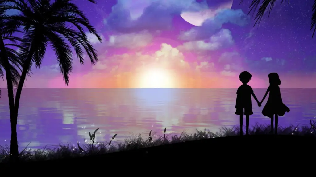 Pemandangan Anime yang Romantis Pemandangan anime yang indah dengan pasangan anime, memperlihatkan latar cerita yang romantis.