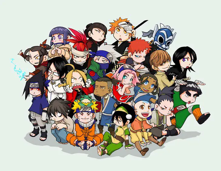 Momen kebersamaan yang menyenangkan Sekelompok karakter anime tertawa bersama di luar ruangan