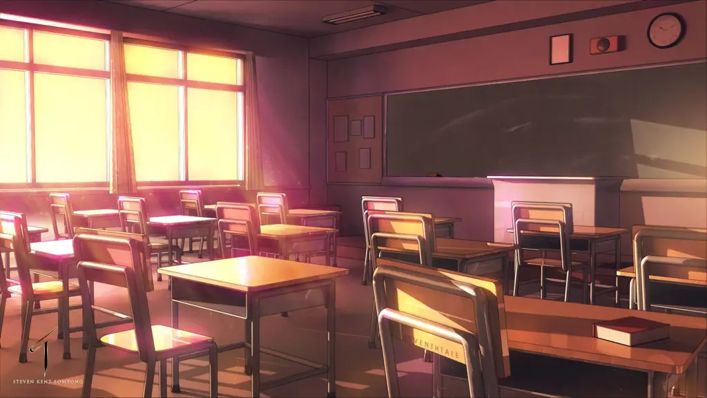 Adegan karakter anime di dalam kelas yang penuh misteri Gambar karakter anime di dalam kelas