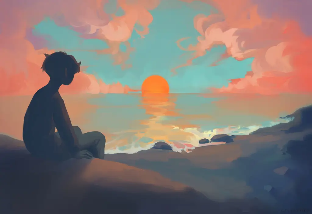 Momen Kontemplasi Gambar karakter anime melihat matahari terbenam