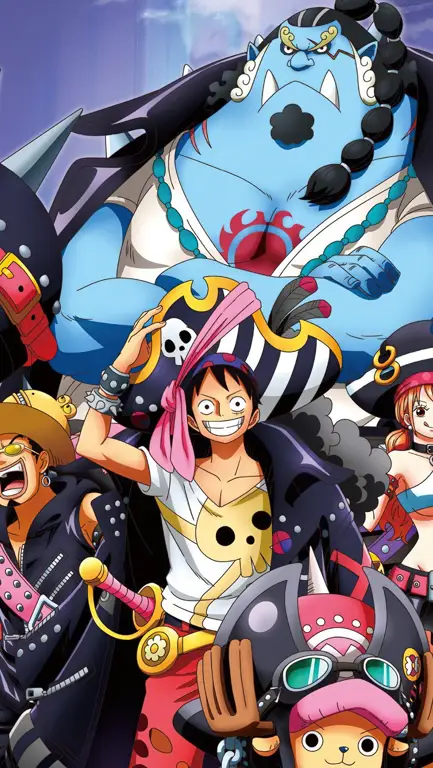 Gambar karakter-karakter One Piece yang ceria dan penuh persahabatan.