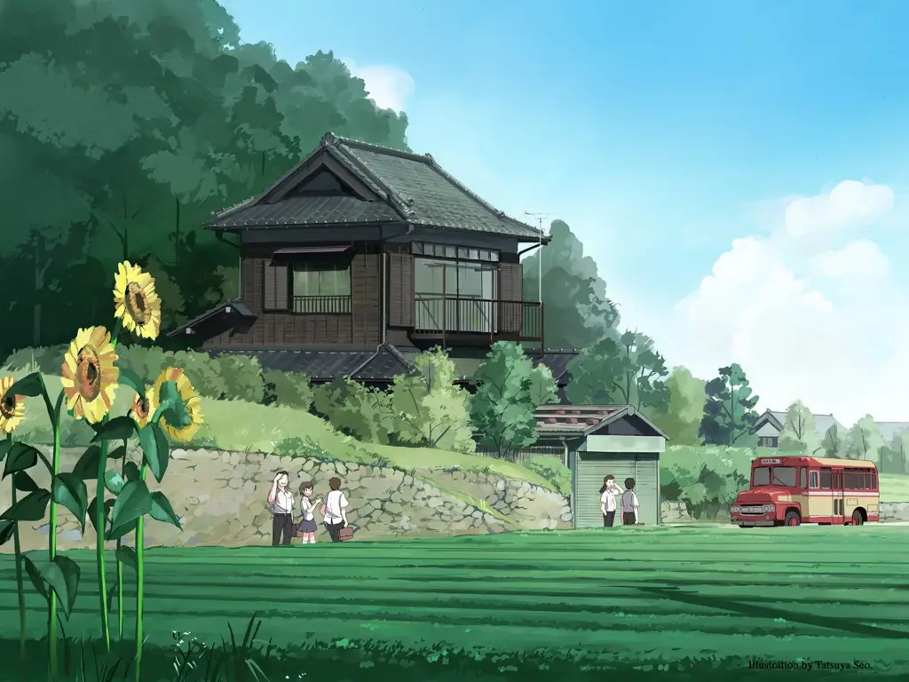 Karakter anime menikmati kehidupan pedesaan