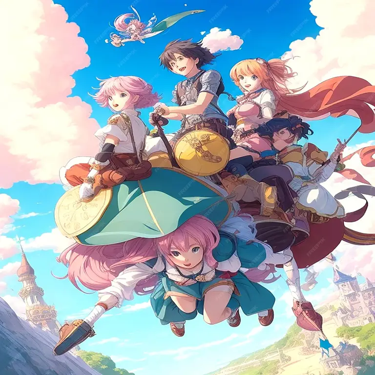 Persahabatan dan Petualangan dalam Anime Gambar berbagai karakter anime dalam petualangan bersama, menggambarkan tema persahabatan dan petualangan