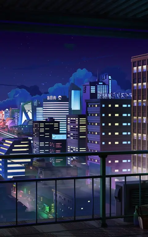 Suasana kota futuristik Ilustrasi kota anime di malam hari dengan nuansa misterius