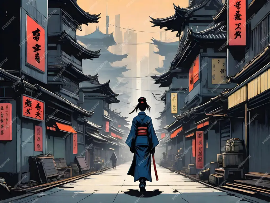 Anime Cyberpunk dengan Samurai Futuristik Gambar ilustrasi anime cyberpunk dengan samurai futuristik