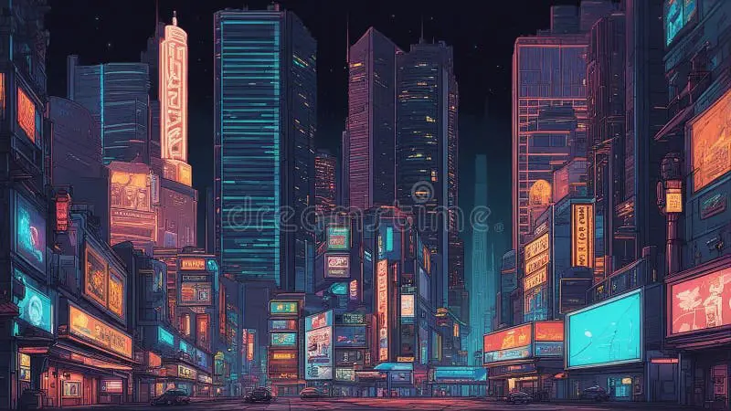 Suasana futuristik dan gelap di kota cyberpunk Kota cyberpunk dalam anime
