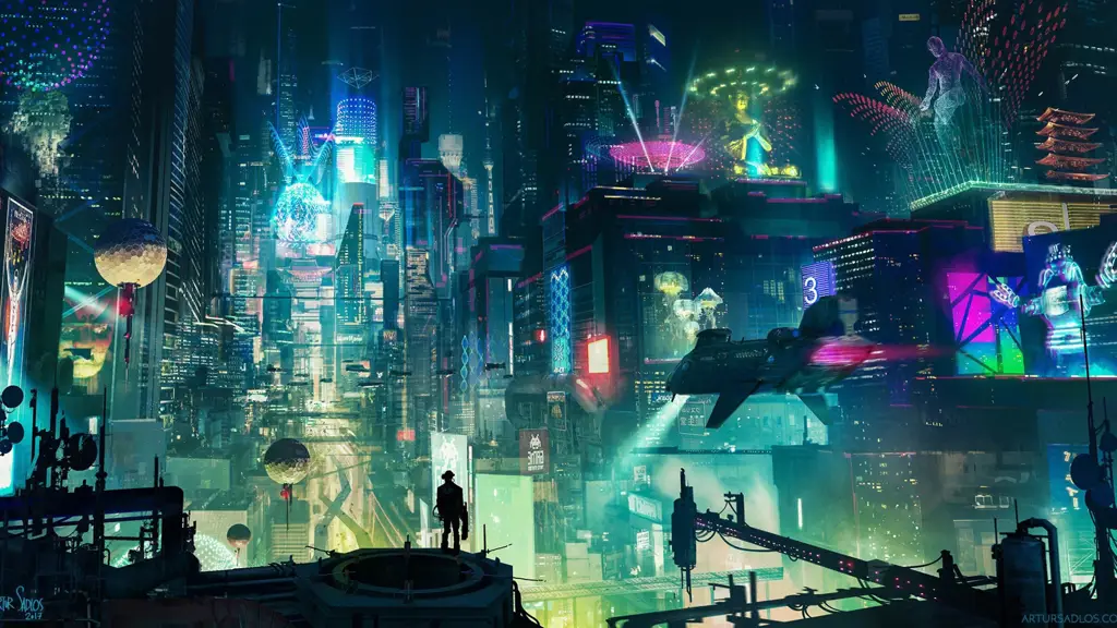 Suasana kota cyberpunk di malam hari yang misterius
