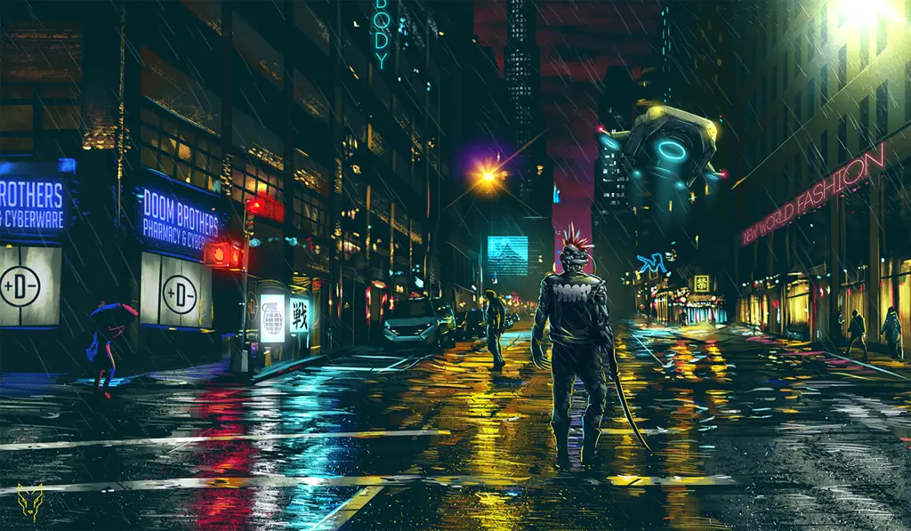 Suasana kota di anime cyberpunk Pemandangan kota cyberpunk yang futuristik