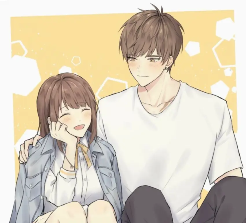 Pasangan Anime yang Romantis Pasangan anime bergandengan tangan dengan latar belakang pemandangan indah.