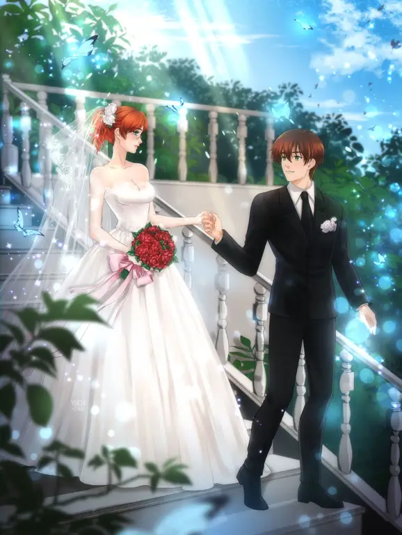 Upacara Pernikahan Anime yang Romantis Pasangan anime yang menikah dalam upacara pernikahan yang indah.