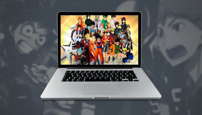 Menikmati anime di waktu luang Gambar seseorang menonton anime di laptop