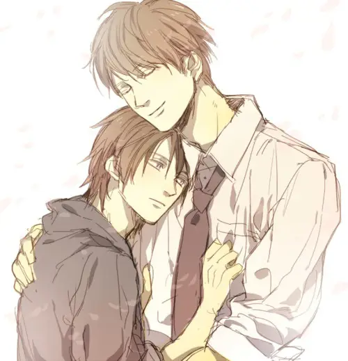 Adegan romantis dari anime yaoi Pasangan yaoi yang sedang berpelukan mesra