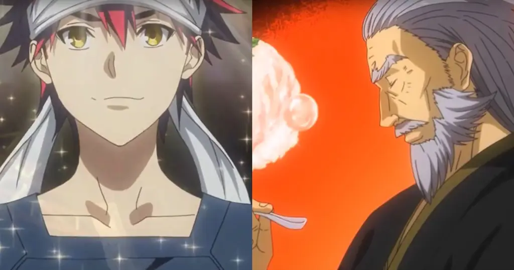 Ilustrasi adegan memasak yang menegangkan dan kompetitif Gambar adegan pertarungan memasak dalam anime