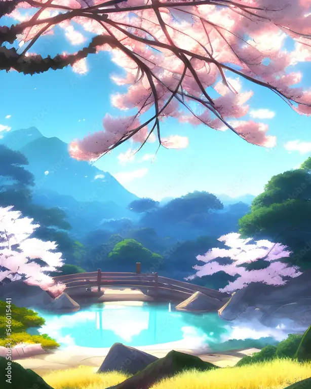 Keindahan Sakura dalam Dunia Anime Pemandangan anime musim semi dengan bunga sakura yang sedang mekar
