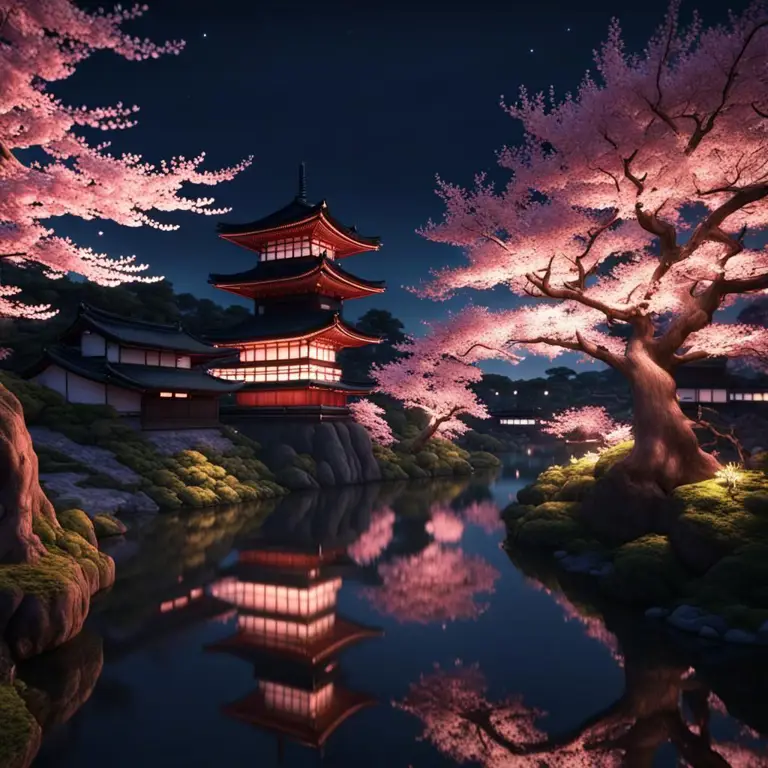 Suasana Malam yang Menenangkan di Bawah Pohon Sakura Pohon sakura bergaya anime di malam hari